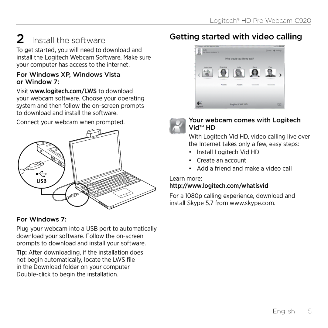 Logitech C920 setup guide  Install the software, Getting started with video calling, For Windows 